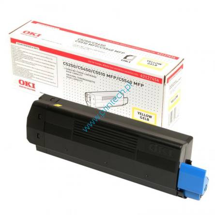 Żółty oryginalny Toner Oki 42127454 - Powiększona wydajność 5 000 stron. Do użycia w: OKI C5250, OKI C5510 MFP, OKI C5540 MFP, OKI C5450, OKI C5500. Tonery  Oki Wrocław, hurtownia – dystrybutor Oki Wrocław,  producent  zamienników Oki Wrocław