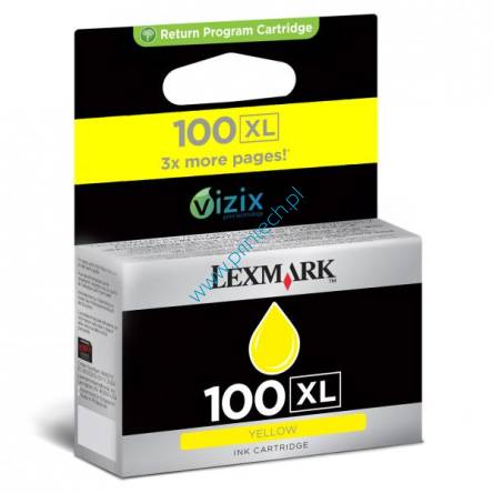 Żółty oryginalny atramentowy wkład drukujący Lexmark 100XL - 14N1071E - Powiększona wydajność 600 stron. Do użycia w: Lexmark Impact S305, Lexmark Interpret S405, Lexmark Intuition S505, Lexmark Interact S605, Lexmark Prospect Pro205, Lexmark Prevail Pro705, Lexmark Prestige Pro805, Lexmark Platinum Pro905. Tusze Lexmark Wrocław. Hurtownia Lexmark Wrocław. Dystrybutor Lexmark – Producent zamienników do drukarek Lexmark