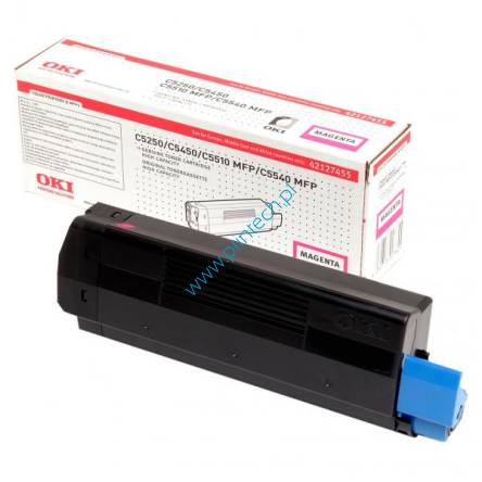 Purpurowy oryginalny Toner Oki 42127455 - Powiększona wydajność 5 000 stron. Do użycia w: OKI C5250, OKI C5510 MFP, OKI C5540 MFP, OKI C5450, OKI C5500. Tonery  Oki Wrocław, hurtownia – dystrybutor Oki Wrocław,  producent  zamienników Oki Wrocław