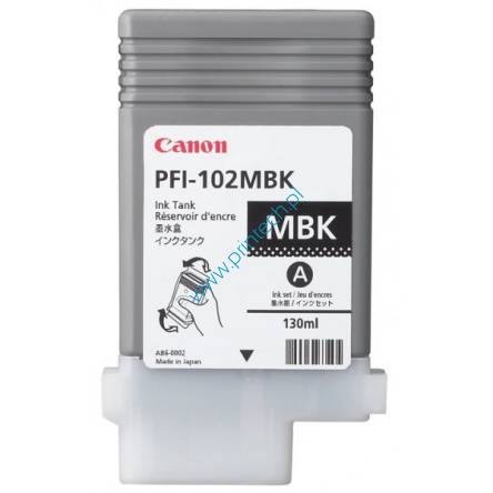 Czarny matowy oryginalny atramentowy wkład drukujący Canon PFI-102MBK- 0894B001 - Standardowa pojemność 130ml. Do użycia w: CANON IPF610, CANON IPF 500, CANON IPF 700, CANON IPF 710, CANON IPF 720, CANON IPF 600, CANON IPF 605, CANON IPF 650, CANON IPF 655, CANON IPF 750, CANON IPF 755. TUSZE CANON WROCŁAW. HURTOWNIA CANON WROCŁAW. DYSTRYBUTOR CANON – PRODUCENT ZAMIENNIKÓW DO DRUKAREK CANON