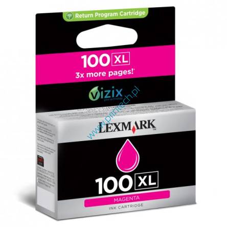 Purpurowy oryginalny atramentowy wkład drukujący Lexmark 100XL - 14N1070E - Powiększona wydajność 600 stron. Do użycia w: Lexmark Impact S305, Lexmark Interpret S405, Lexmark Intuition S505, Lexmark Interact S605, Lexmark Prospect Pro205, Lexmark Prevail Pro705, Lexmark Prestige Pro805, Lexmark Platinum Pro905. Tusze Lexmark Wrocław. Hurtownia Lexmark Wrocław. Dystrybutor Lexmark – Producent zamienników do drukarek Lexmark