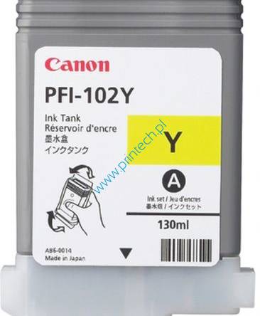 Żółty oryginalny atramentowy wkład do plotera Canon PFI-102Y- 0898B001 - Standardowa pojemność 130ml. Do użycia w: CANON IPF610, CANON IPF 500, CANON IPF 700, CANON IPF 710, CANON IPF 720, CANON IPF 600, CANON IPF 605, CANON IPF 650, CANON IPF 655, CANON IPF 755, CANON IPF 750. TUSZE CANON WROCŁAW. HURTOWNIA CANON WROCŁAW. DYSTRYBUTOR CANON – PRODUCENT ZAMIENNIKÓW DO DRUKAREK CANON