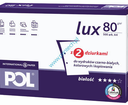 Papier POL LUX A4 80g/500ark z dwiema dziurkami do segregatora, papier biurowy wrocław, papiery wrocław, materiały biurowe wrocław, biuroserwis wrocław