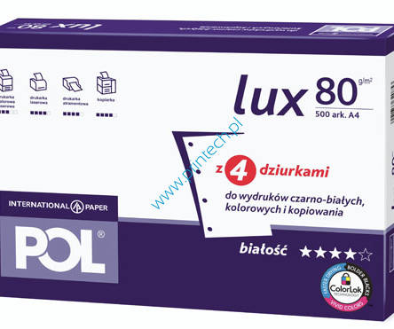 Papier POL LUX A4 80g/500ark z czterema dziurkami do segregatora, papier biurowy wrocław, papiery wrocław, materiały biurowe wrocław, biuroserwis wrocław