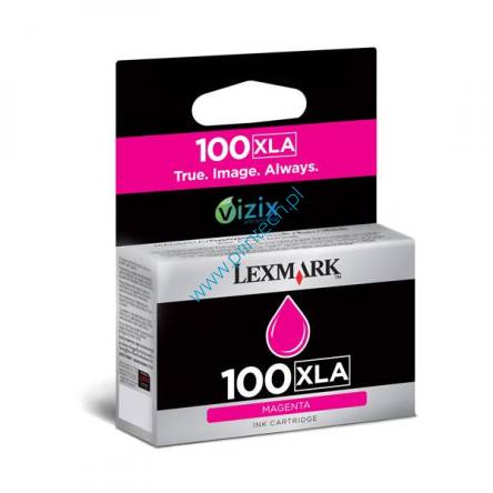 Purpurowy oryginalny atramentowy wkład drukujący Lexmark 100XLA - 14N1094E - Powiększona wydajność 600 stron. Do użycia w: Lexmark Impact S305, Lexmark Interpret S405, Lexmark Intuition S505, Lexmark Interact S605, Lexmark Prospect Pro205, Lexmark Prevail Pro705, Lexmark Prestige Pro805, Lexmark Platinum Pro905. Tusze Lexmark Wrocław. Hurtownia Lexmark Wrocław. Dystrybutor Lexmark – Producent zamienników do drukarek Lexmark